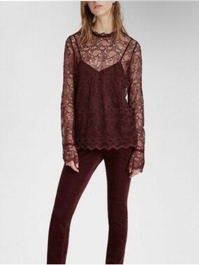 Theory Scalloped Lace Top Women Large Dark Currant Long Sleeve Sheer Blouse